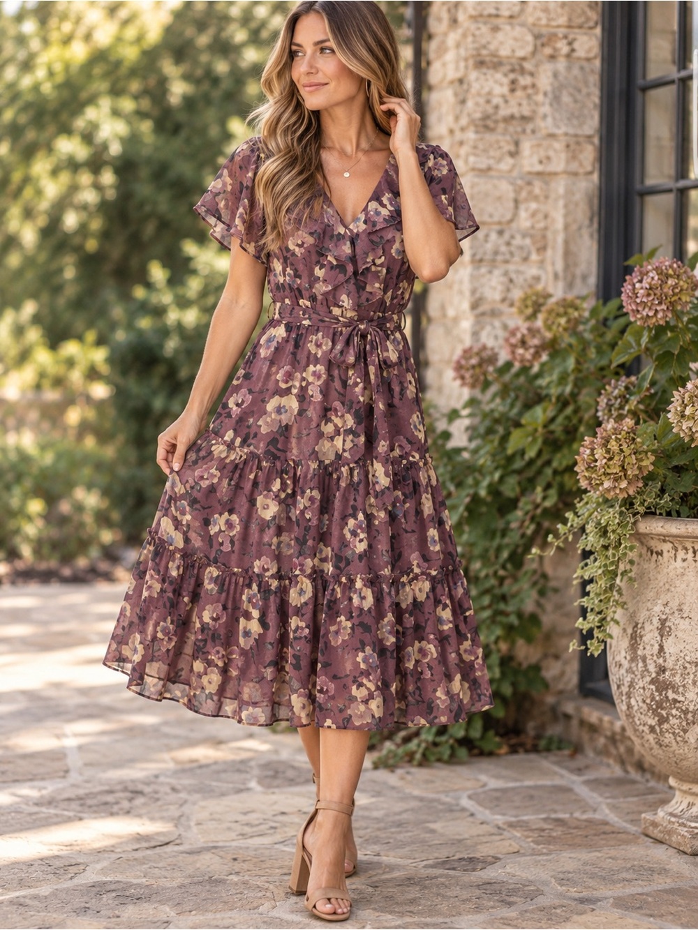 Lauren Ralph Lauren Size 8 Mauve Floral Ruffle Tiered Midi Dress Belted
